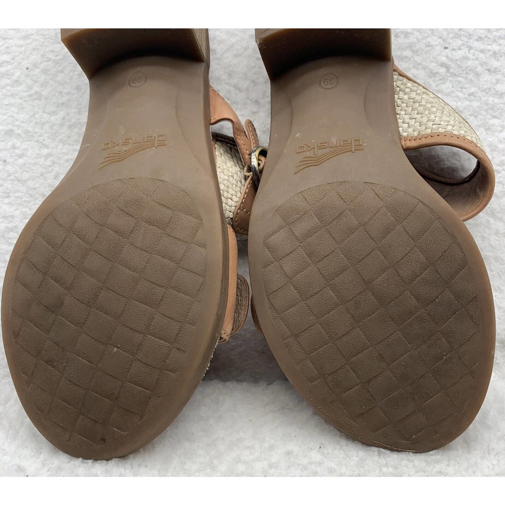 Dansko Debby Wedge Sandals Womens 39 Full Grain Raffia Tan Brown Leather Woven - Picture 11 of 14